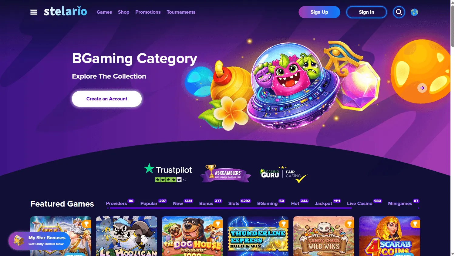 Stelario Casino desktop homepage with the Australian casino offer