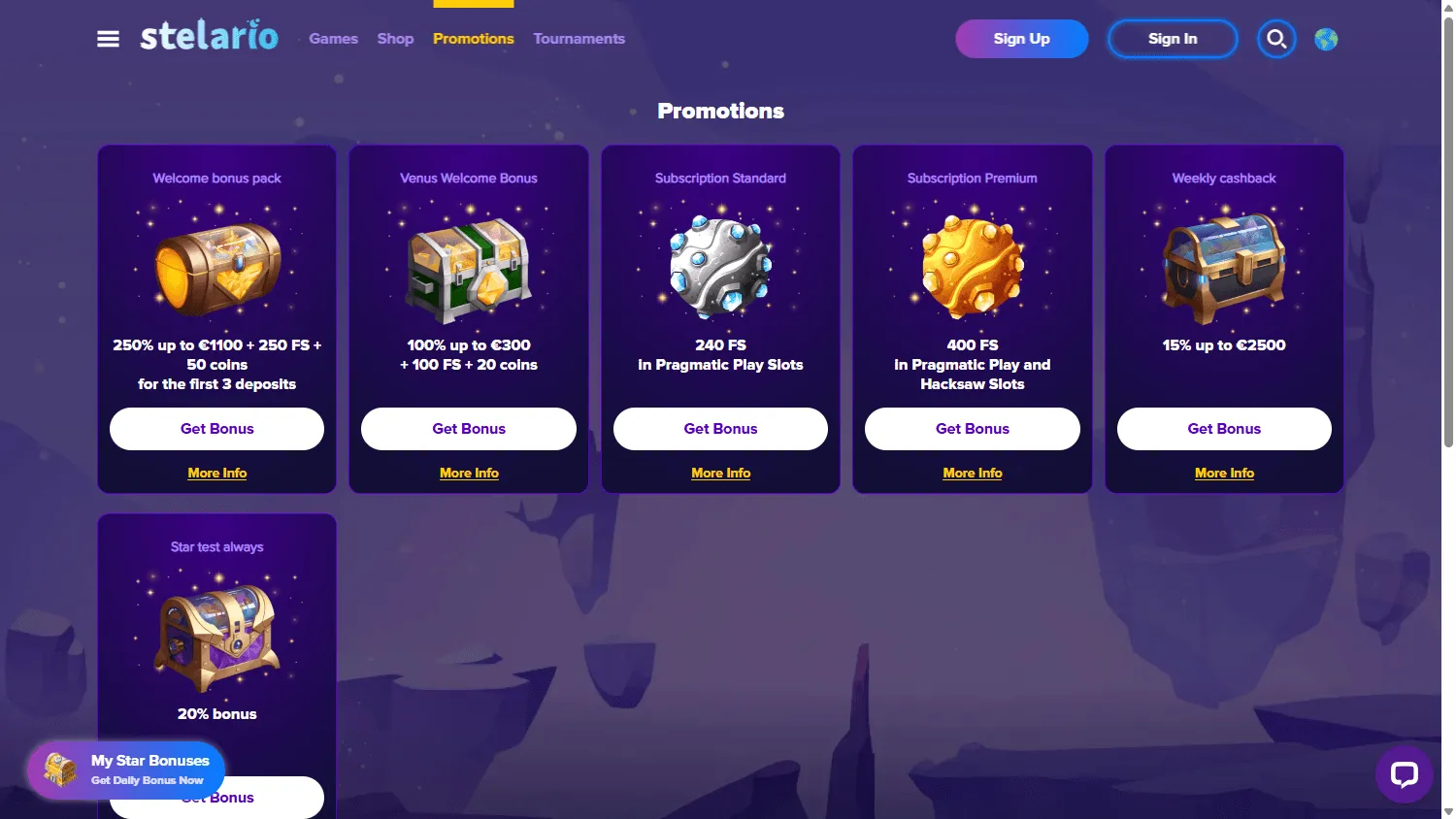 Stelario Casino desktop promotions area with player offers