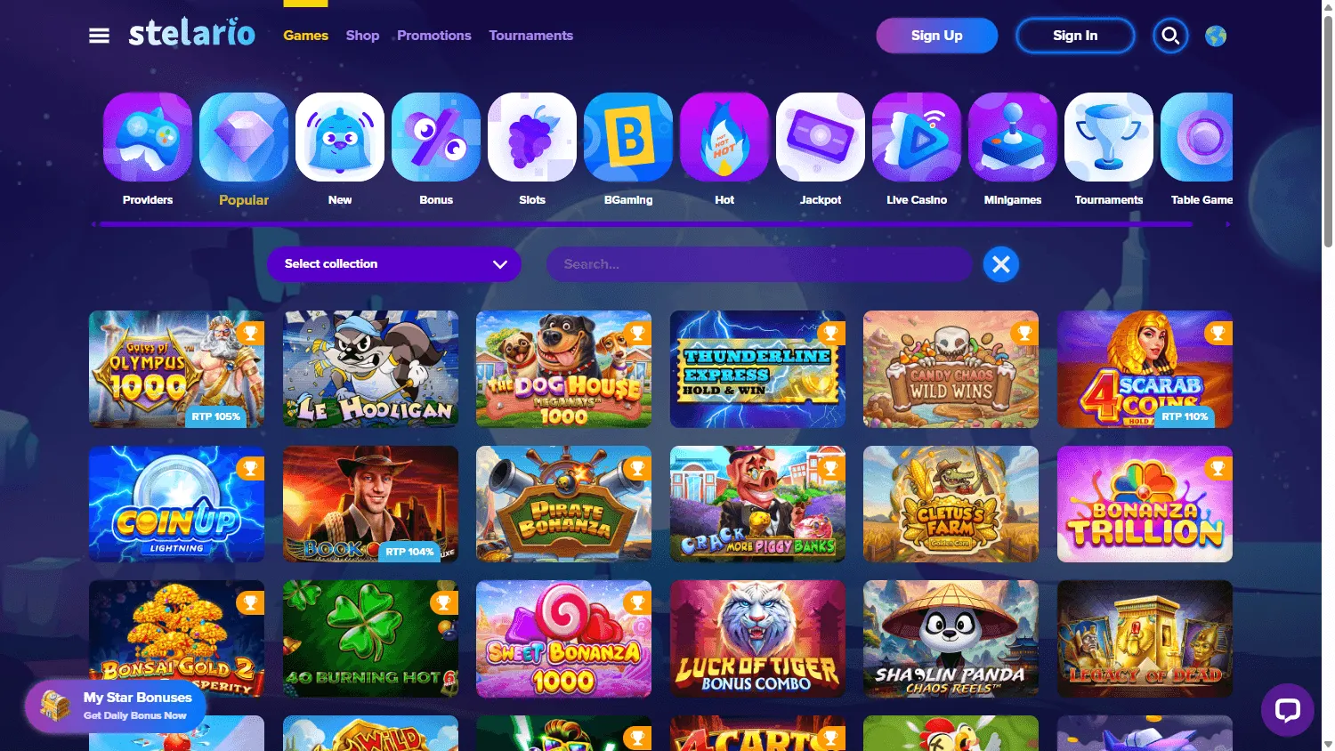 Stelario Casino desktop game selection with casino categories