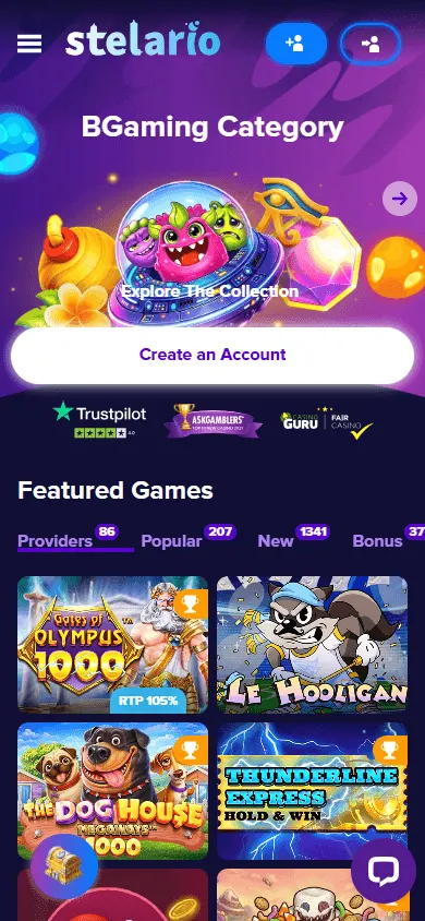 Stelario Casino mobile browser homepage on a phone