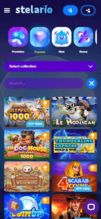 Stelario Casino mobile browser game selection
